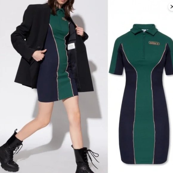ADIDAS ORIGINALS DRESS WITH LOGO Green Blue Ribbed Mini Bodycon Retro Size XS - Picture 2 of 3